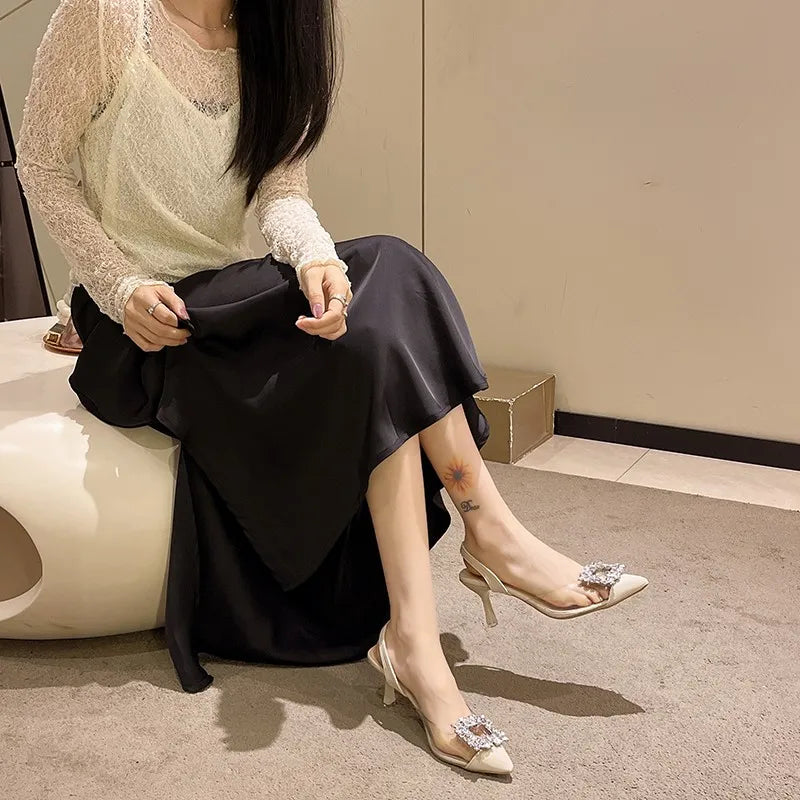 Large Size Buckle Strap Clear Stiletto Sandals Low Heel Pumps