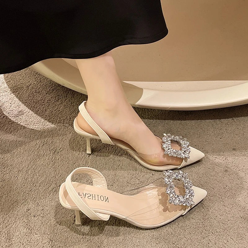 Large Size Buckle Strap Clear Stiletto Sandals Low Heel Pumps