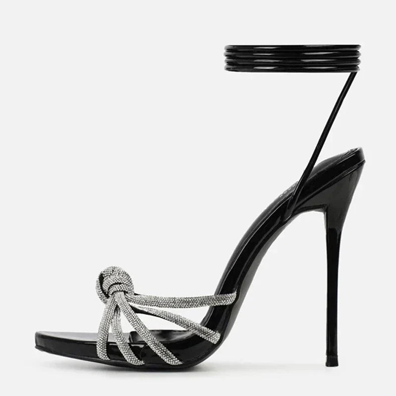 Bold New Arrival Silver Crystal Narrow Band Open Toe High Heel