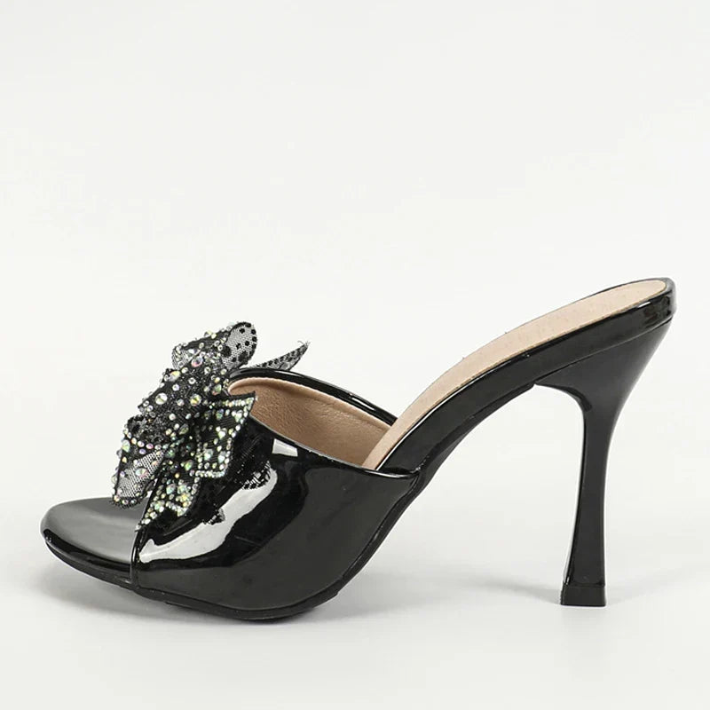 Elegant Patent Leather Crystal Mesh Bowknot High Heel