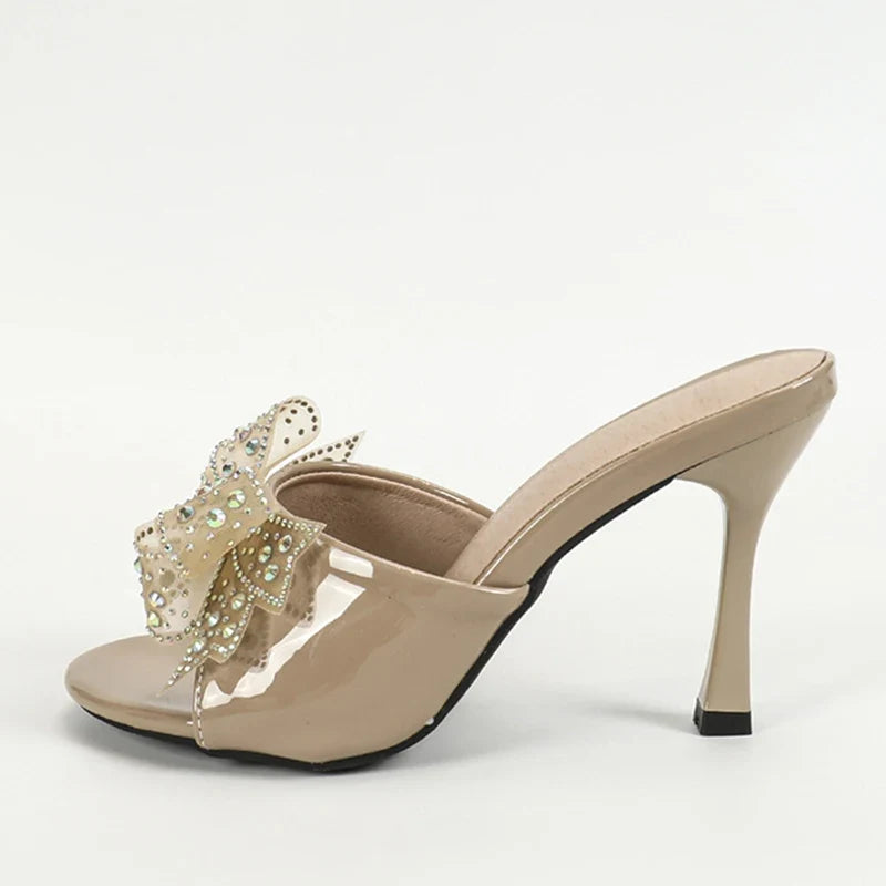 Elegant Patent Leather Crystal Mesh Bowknot High Heel