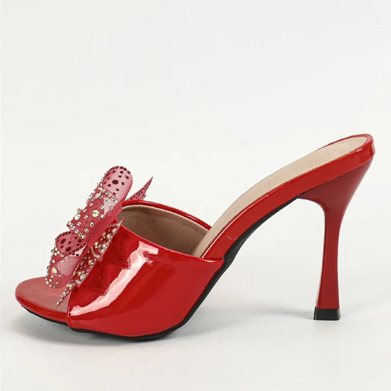 Elegant Patent Leather Crystal Mesh Bowknot High Heel
