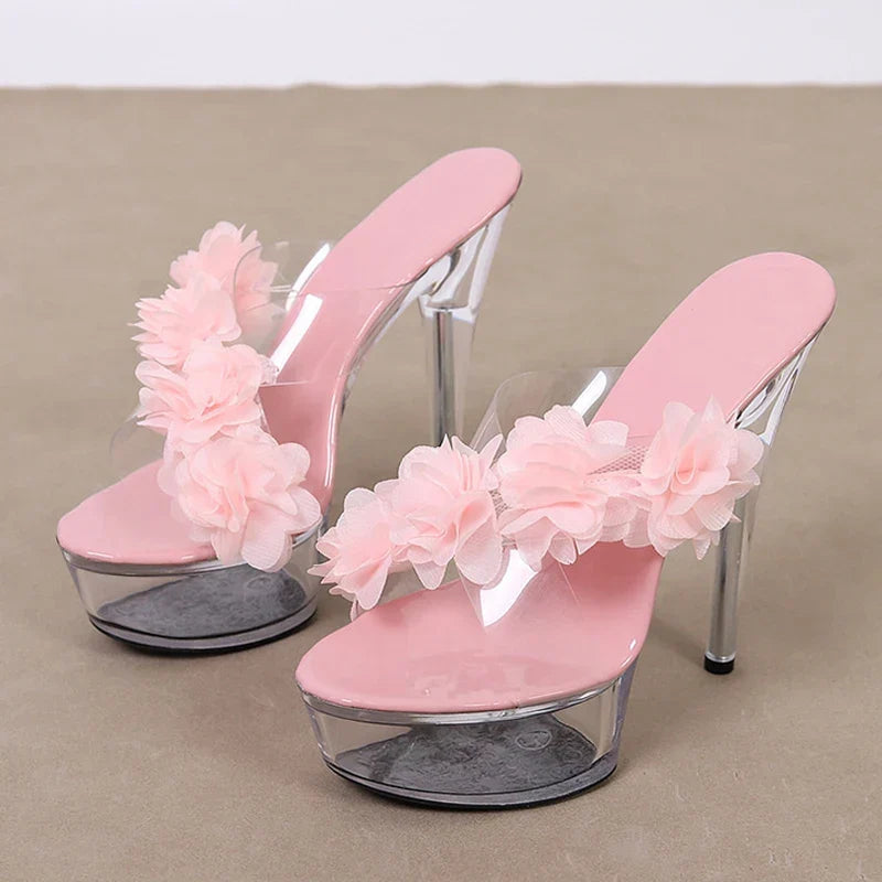 New Pink Flowers Transparent High Heel High Heel