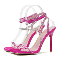 New Crystal Chain Ankle Strap Square Toe Rhinestone High Heel