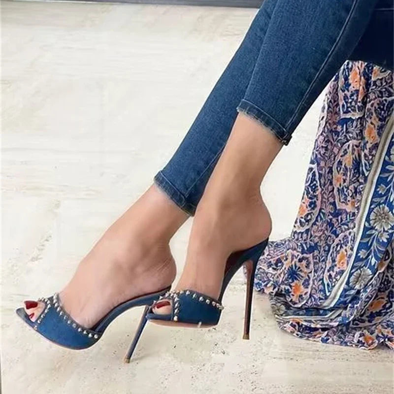 Trendy Metal Rivet Designer High Heel Mules High Heel