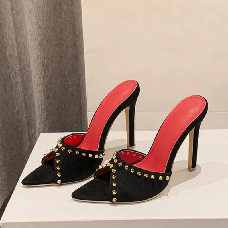 Trendy Metal Rivet Designer High Heel Mules High Heel