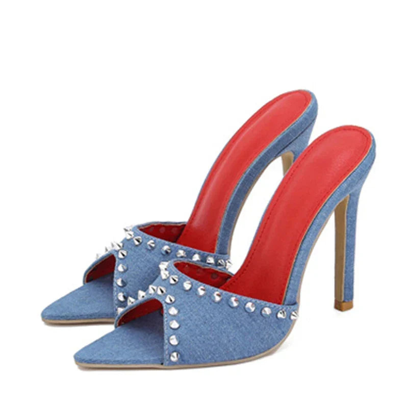 Trendy Metal Rivet Designer High Heel Mules High Heel