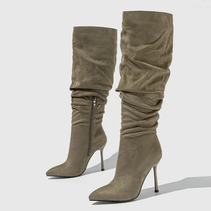 Stylish Autumn Pleated Denim Knee High Pointed Toe High Heel