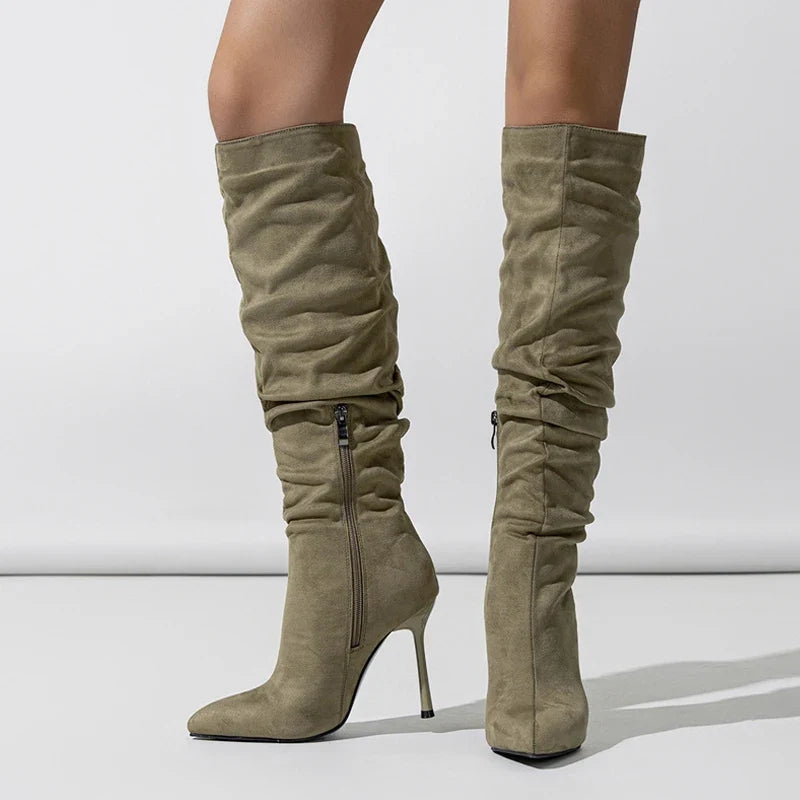 Stylish Autumn Pleated Denim Knee High Pointed Toe High Heel