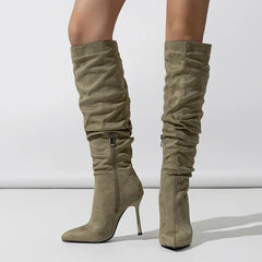 Stylish Autumn Pleated Denim Knee High Pointed Toe High Heel