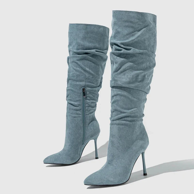 Stylish Autumn Pleated Denim Knee High Pointed Toe High Heel