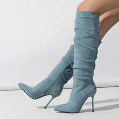 Stylish Autumn Pleated Denim Knee High Pointed Toe High Heel