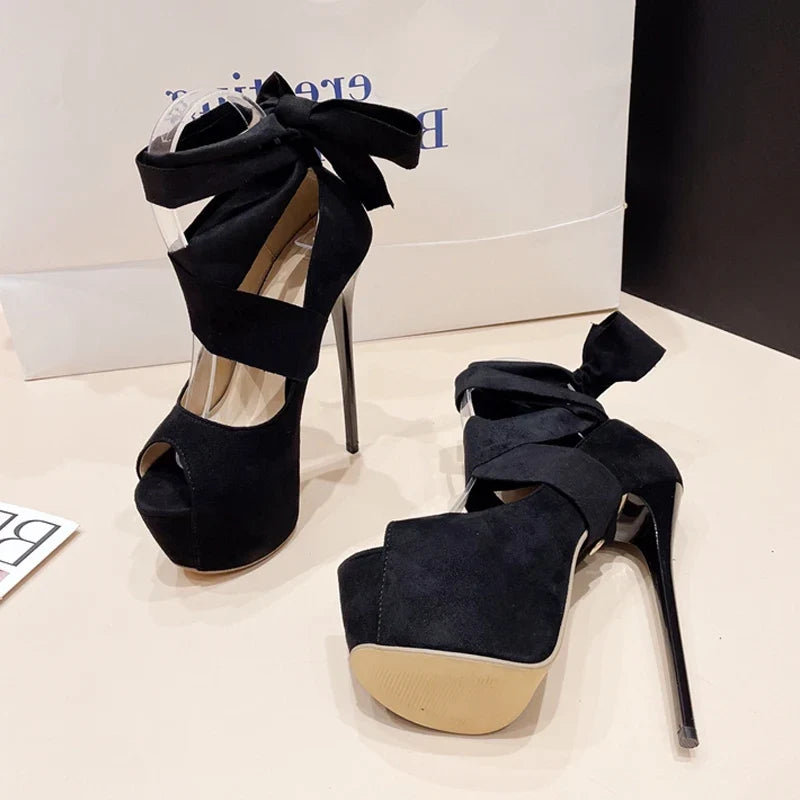 Black High Heel Ankle Cross Strap High Heel