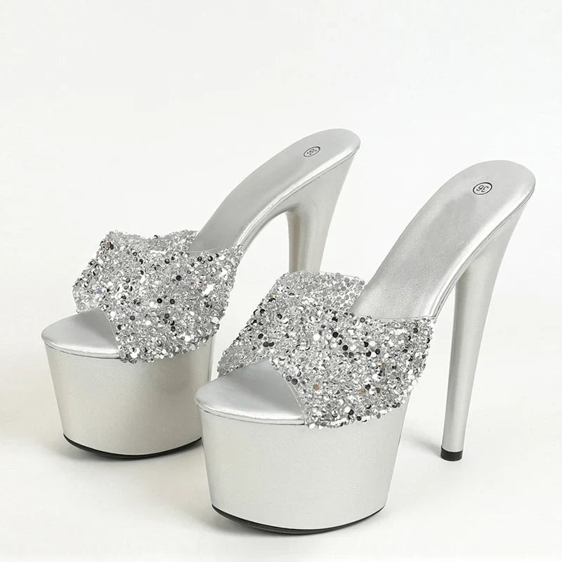 Black Red High Heel Sequined PVC Transparent Peep Toe High Heel
