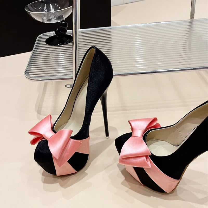 Design Bowknot Round Toe Platform Pumps High Heel