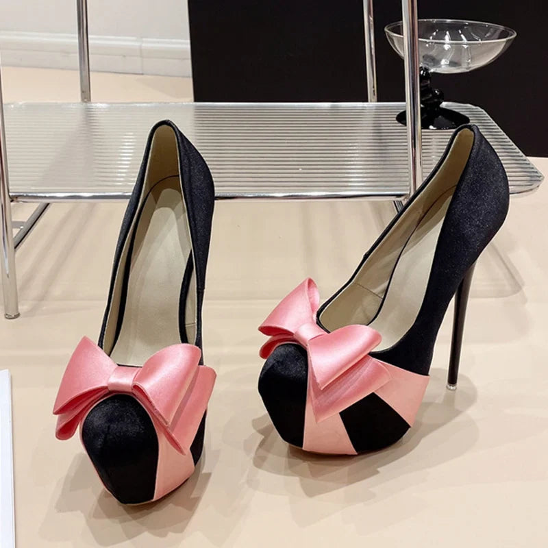 Design Bowknot Round Toe Platform Pumps High Heel