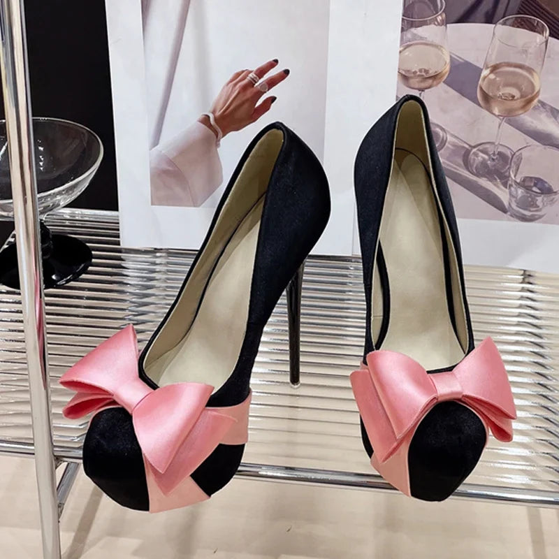 Design Bowknot Round Toe Platform Pumps High Heel