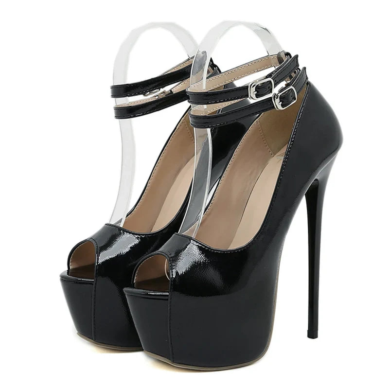 Trendy Double Buckle Strap Platform Peep Toe Super High Heel High Heel