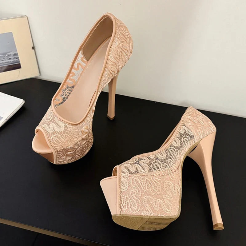 Stylish Design Embroidery Mesh Slingback Peep Toe High Heel