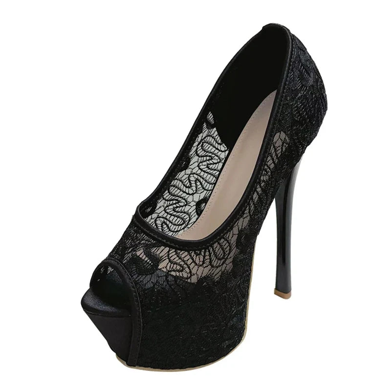Stylish Design Embroidery Mesh Slingback Peep Toe High Heel