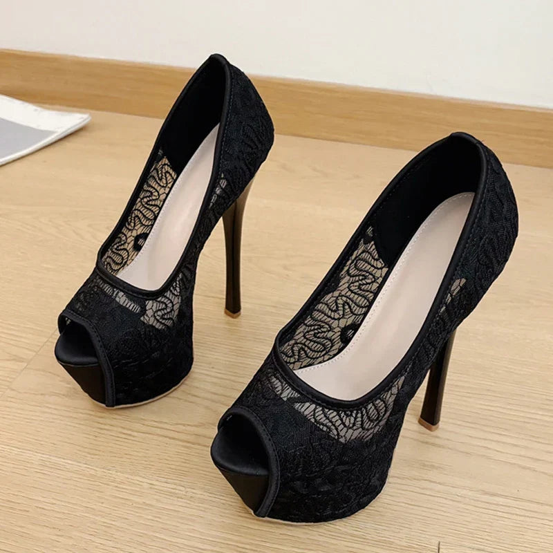 Stylish Design Embroidery Mesh Slingback Peep Toe High Heel