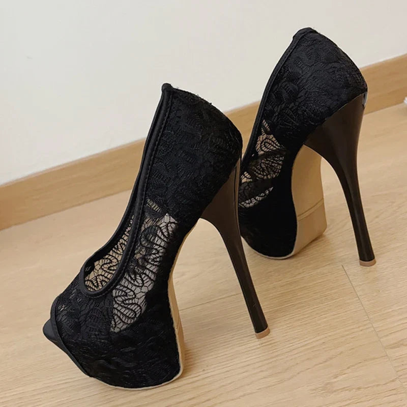 Stylish Design Embroidery Mesh Slingback Peep Toe High Heel