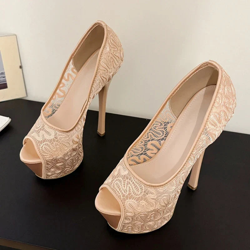 Stylish Design Embroidery Mesh Slingback Peep Toe High Heel