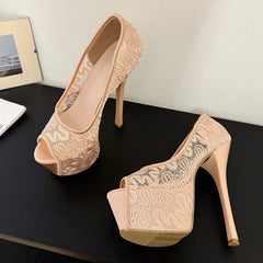 Stylish Design Embroidery Mesh Slingback Peep Toe High Heel