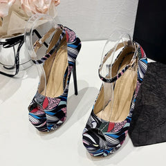 Trendy Hand-Painted Leather Platform Peep Toe Strip High Heel