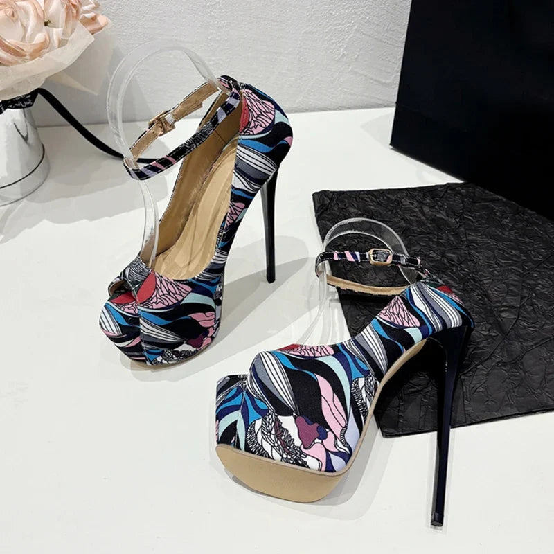 Trendy Hand-Painted Leather Platform Peep Toe Strip High Heel