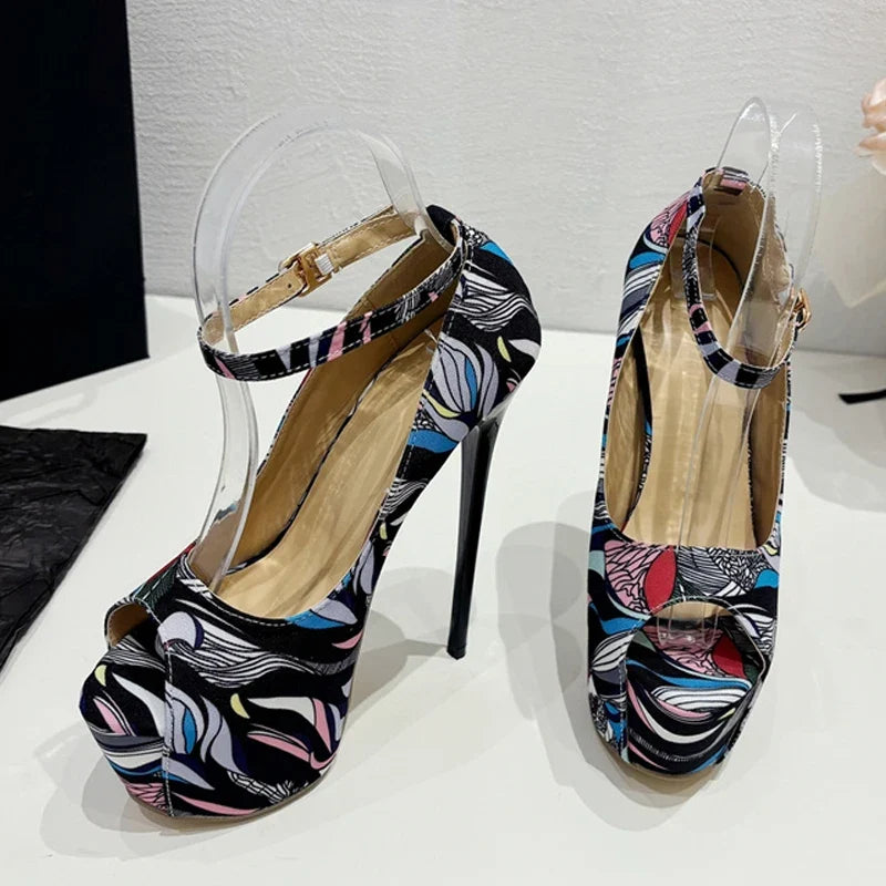 Trendy Hand-Painted Leather Platform Peep Toe Strip High Heel