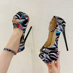 Trendy Hand-Painted Leather Platform Peep Toe Strip High Heel