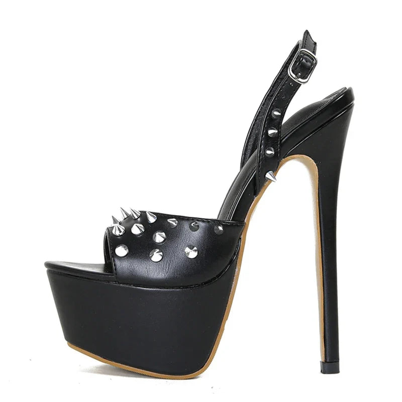 Design Metal Rivet Back Buckle Strap Peep Toe High Heel
