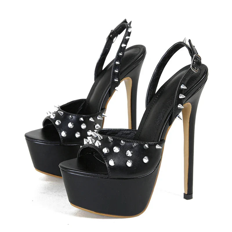 Design Metal Rivet Back Buckle Strap Peep Toe High Heel