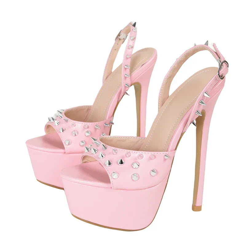Design Metal Rivet Back Buckle Strap Peep Toe High Heel