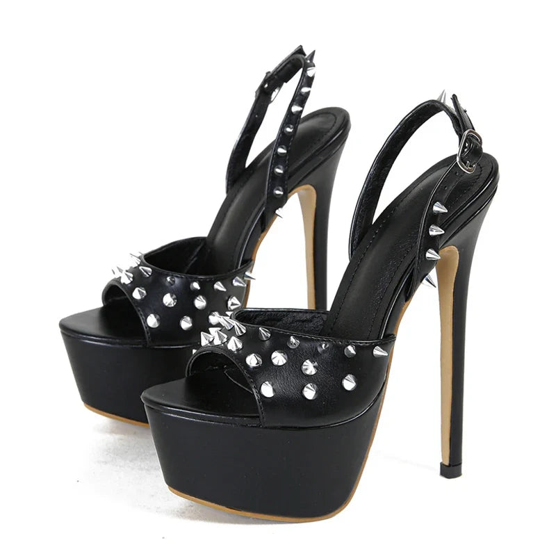 Design Metal Rivet Back Buckle Strap Peep Toe High Heel