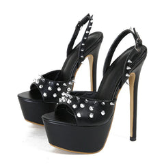 Design Metal Rivet Back Buckle Strap Peep Toe High Heel