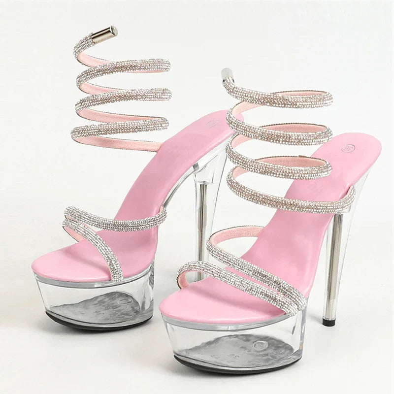 Elegant Rhinestone Ankle Snake Twine Around Platform High Heel