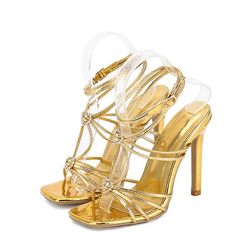 Rhinestone Buckle Narrow Band Thin High Heel High Heel