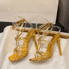 Rhinestone Buckle Narrow Band Thin High Heel High Heel