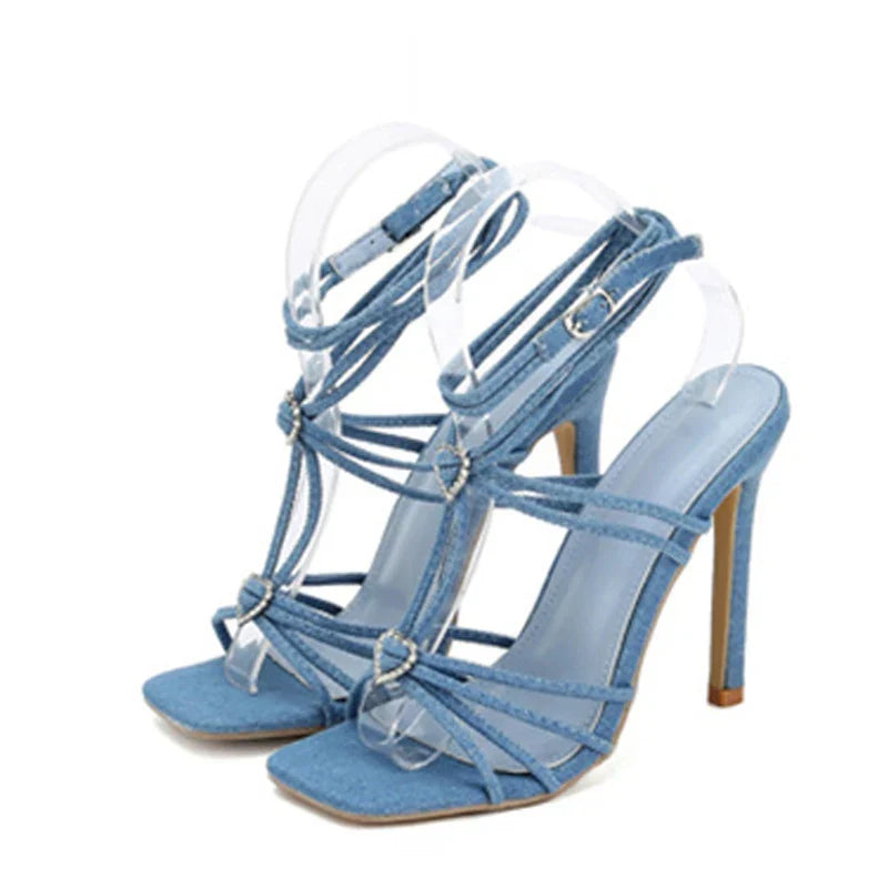 Rhinestone Buckle Narrow Band Thin High Heel High Heel