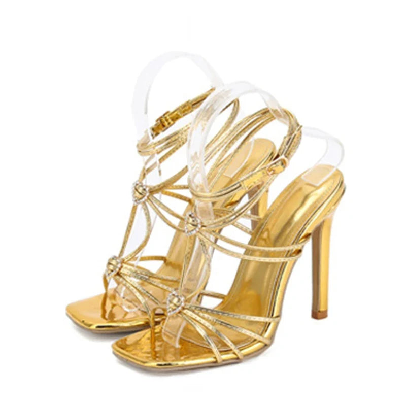 Rhinestone Buckle Narrow Band Thin High Heel High Heel