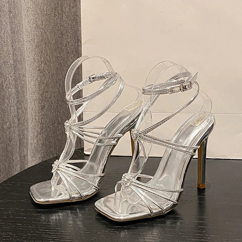 Rhinestone Buckle Narrow Band Thin High Heel High Heel