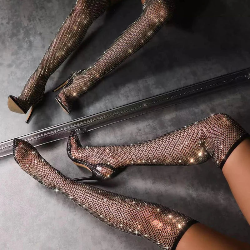 Rhinestone Fishnet Mesh Over-The-Knee Pointed Toe High Heel