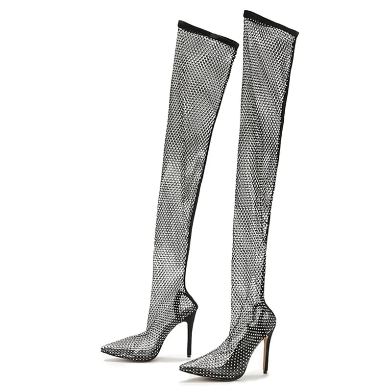 Rhinestone Fishnet Mesh Over-The-Knee Pointed Toe High Heel