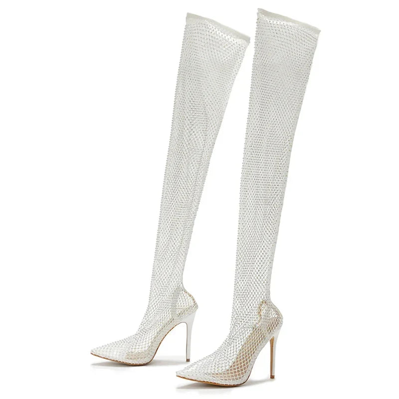 Rhinestone Fishnet Mesh Over-The-Knee Pointed Toe High Heel