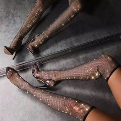 Rhinestone Fishnet Mesh Over-The-Knee Pointed Toe High Heel