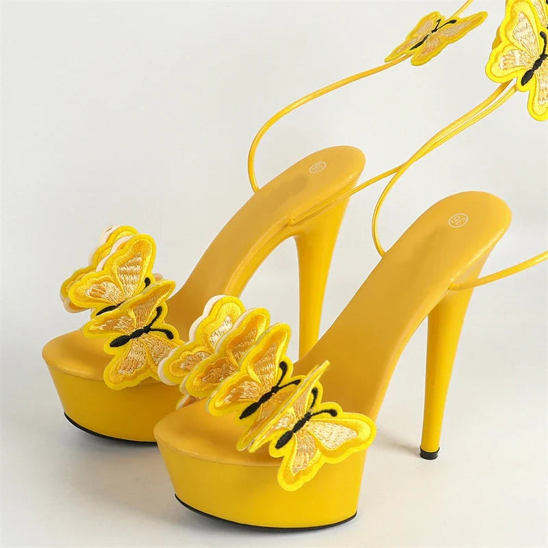 Handmade Embroidery Butterfly Cross Ankle Strap Open Toe High Heel