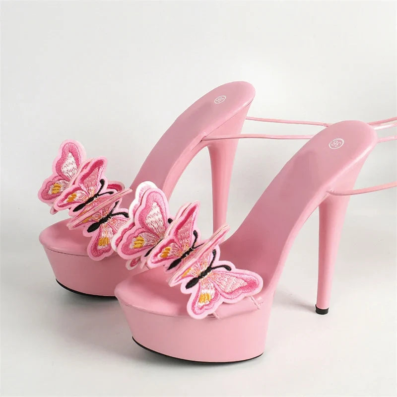 Handmade Embroidery Butterfly Cross Ankle Strap Open Toe High Heel