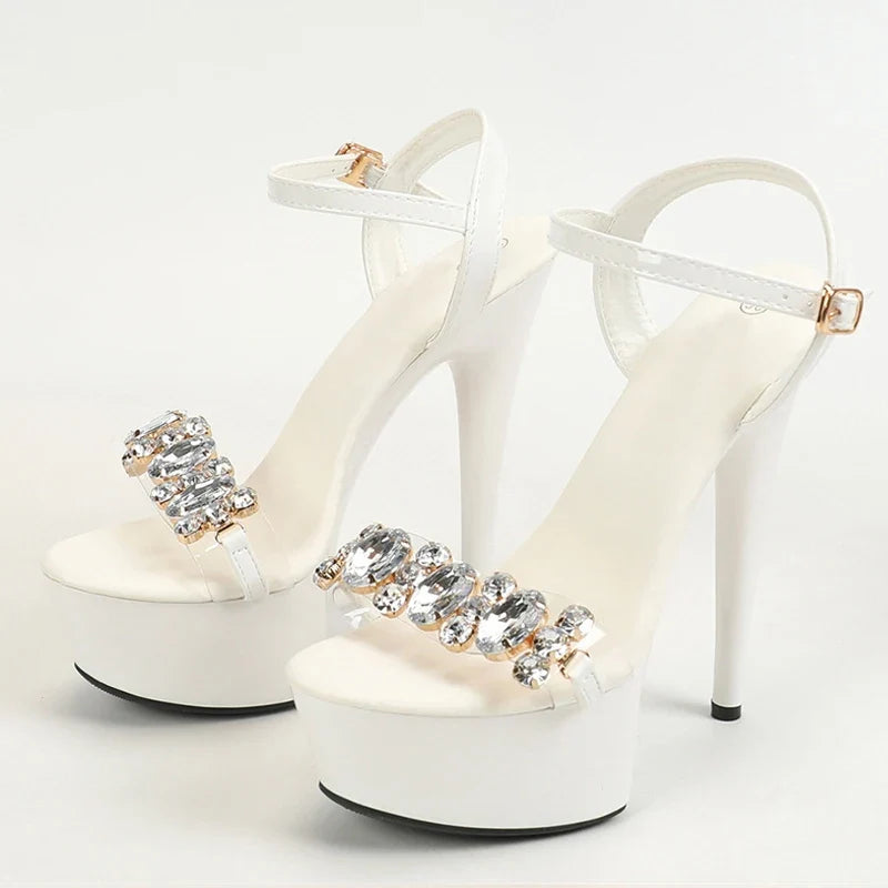 Stylish High Quality Diamond Chain Open Toe Super High Heel High Heel